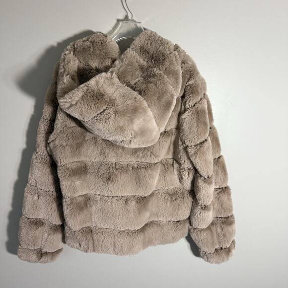 BCBG Maxazria Womens L Tan Faux Fur Quilted Jacket Hooded Luxury Soft Zip New - Picture 9 of 10